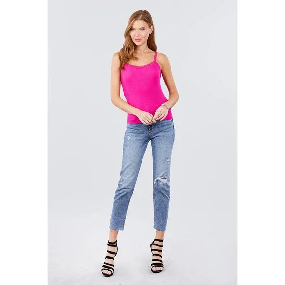 Lace Rib Cami Top in Hot Pink - Picture 4 of 6